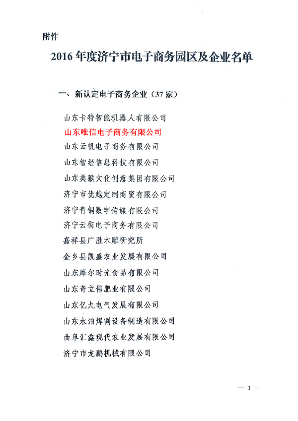 Warmly Congratulate Shandong Weixin E-commerce Co., Ltd on Honoring as 2016 Jining City Identified E-commerce Enterprise